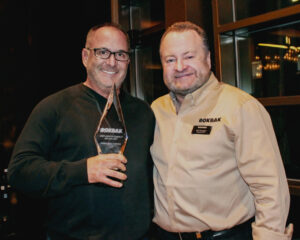 From left: Jeff Udelson, Managing Principle of Easton Sales and Rentals, received Rokbak’s North American Dealer of the Year award from the company’s MD, Paul Douglas.