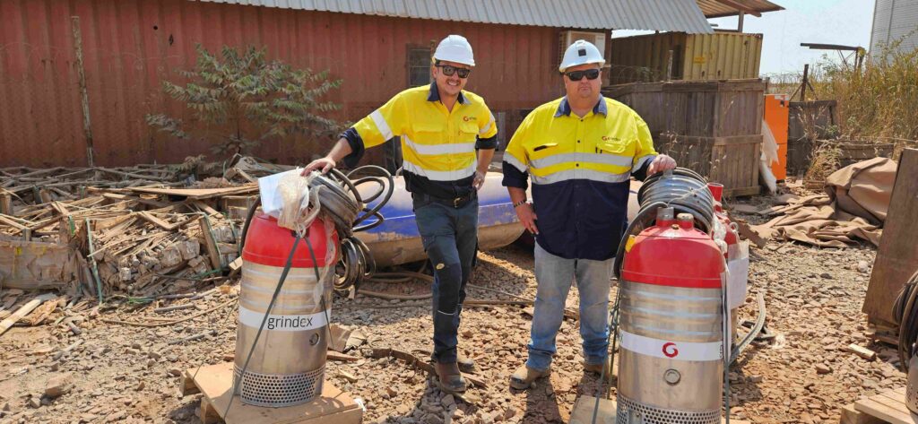 Jordan Marsh, MDZ at Integrated Pump Technology, and Alfred Kelsey, sales manager at Integrated Pump Technology, on site with Grindex Maxi 37 kW dewatering pumps.