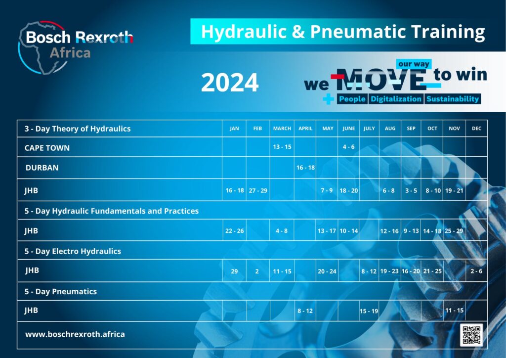 Bosch Rexroth Africa will conduct numerous Hydraulics and Pneumatics Training sessions in Johannesburg, Durban and Cape Town throughout the year.