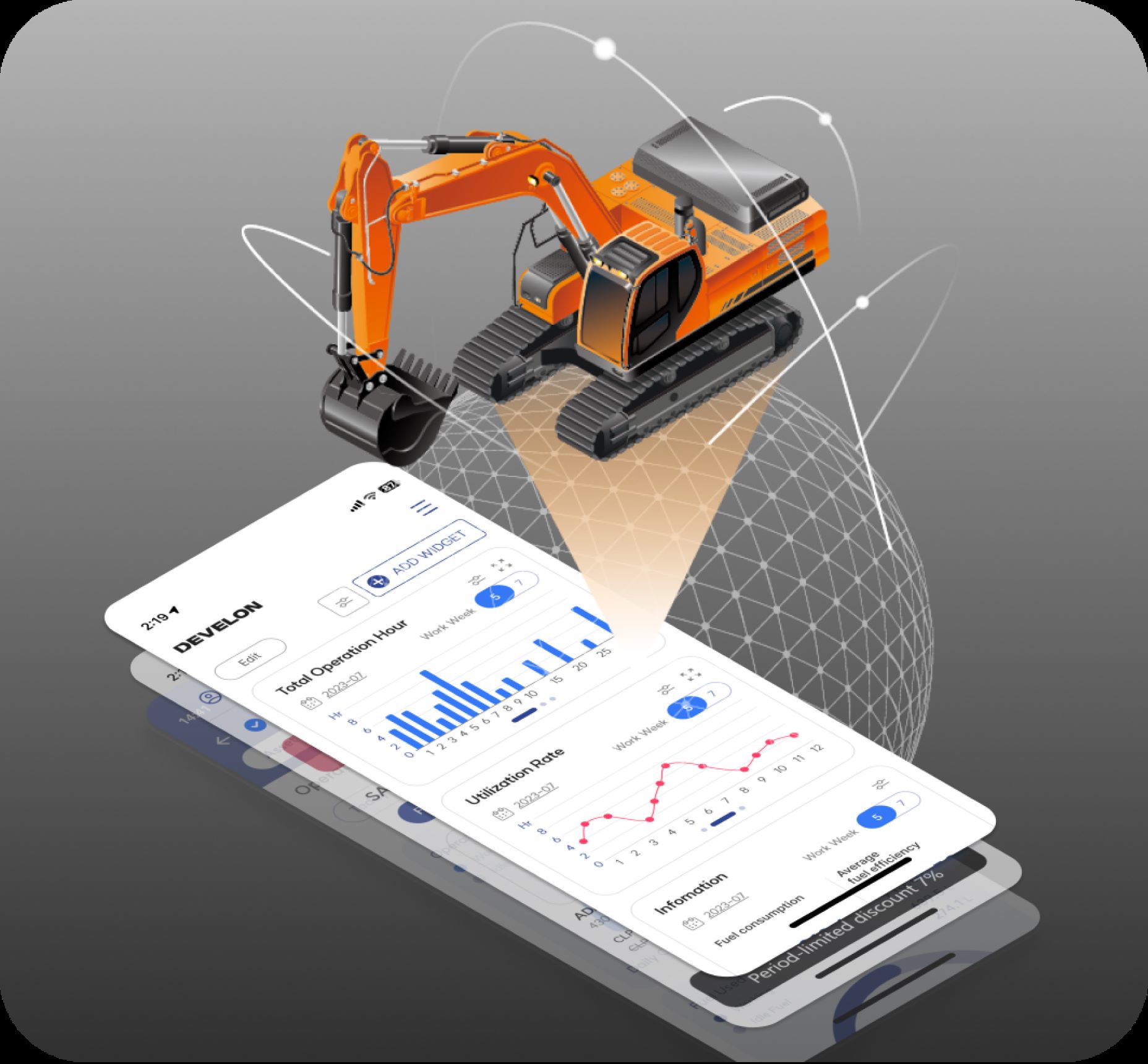 Using the MY DEVELON app or on a web browser, customers and dealers can access and manage maintenance and operation data for their DEVELON construction equipment.