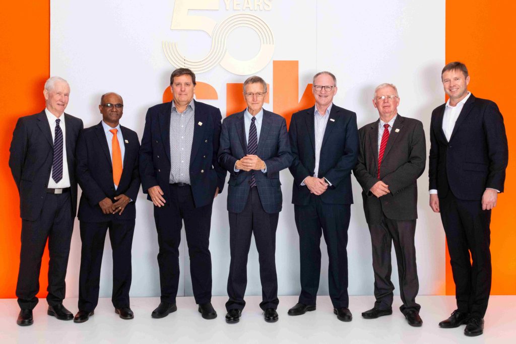 SRK past and present leadership: Peter Labrum, Vis Reddy current SA chairperson; William Joughin, Andy Barrett, Tim McGurk – current global managing director; Graham Howell and Andrew van Zyl – current managing director SRK SA.