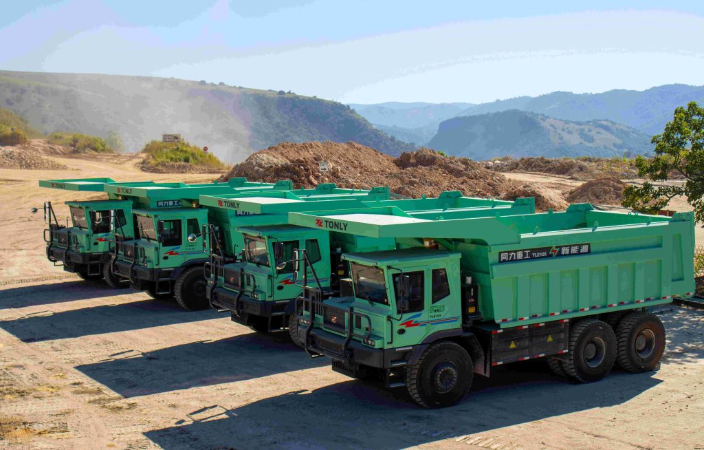 Four EV dump trucks arrive at NPC’s Simuma Quarry. A total of seven electric trucks will be delivered by end of July 2025.