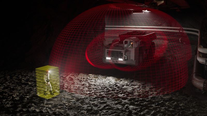 An illustration of a mine worker being detected by a mine truck’s collision-avoidance system.
