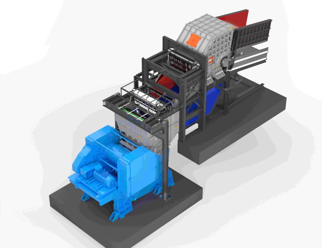 Rendered image highlighting the integrated setup of the jaw crusher feed chute and apron feeder discharge chute, engineered to reduce impact, spillage and blockages.