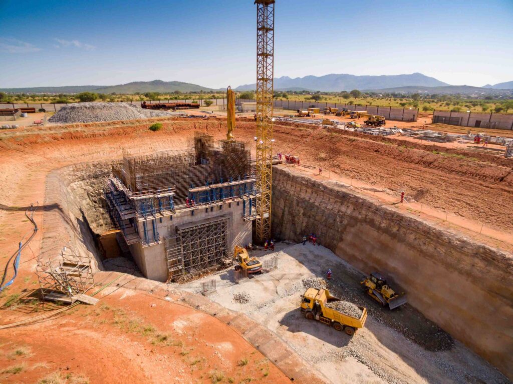 The Ivanplats Shaft 2 box cut is shown here prior to construction of the permanent headgear, with careful planning to ensure a safe foundation for future operations.