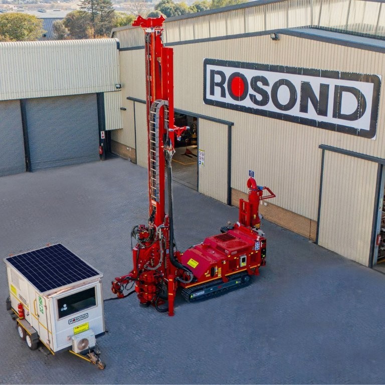 Reverse circulation drill rig with solar powered command trailer at the Rosond head office in Midrand.