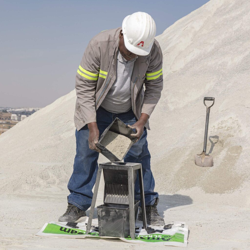 AfriSam laboratory personnel regularly collect samples from each stockpile, with testing conducted on an ongoing basis to ensure product integrity.