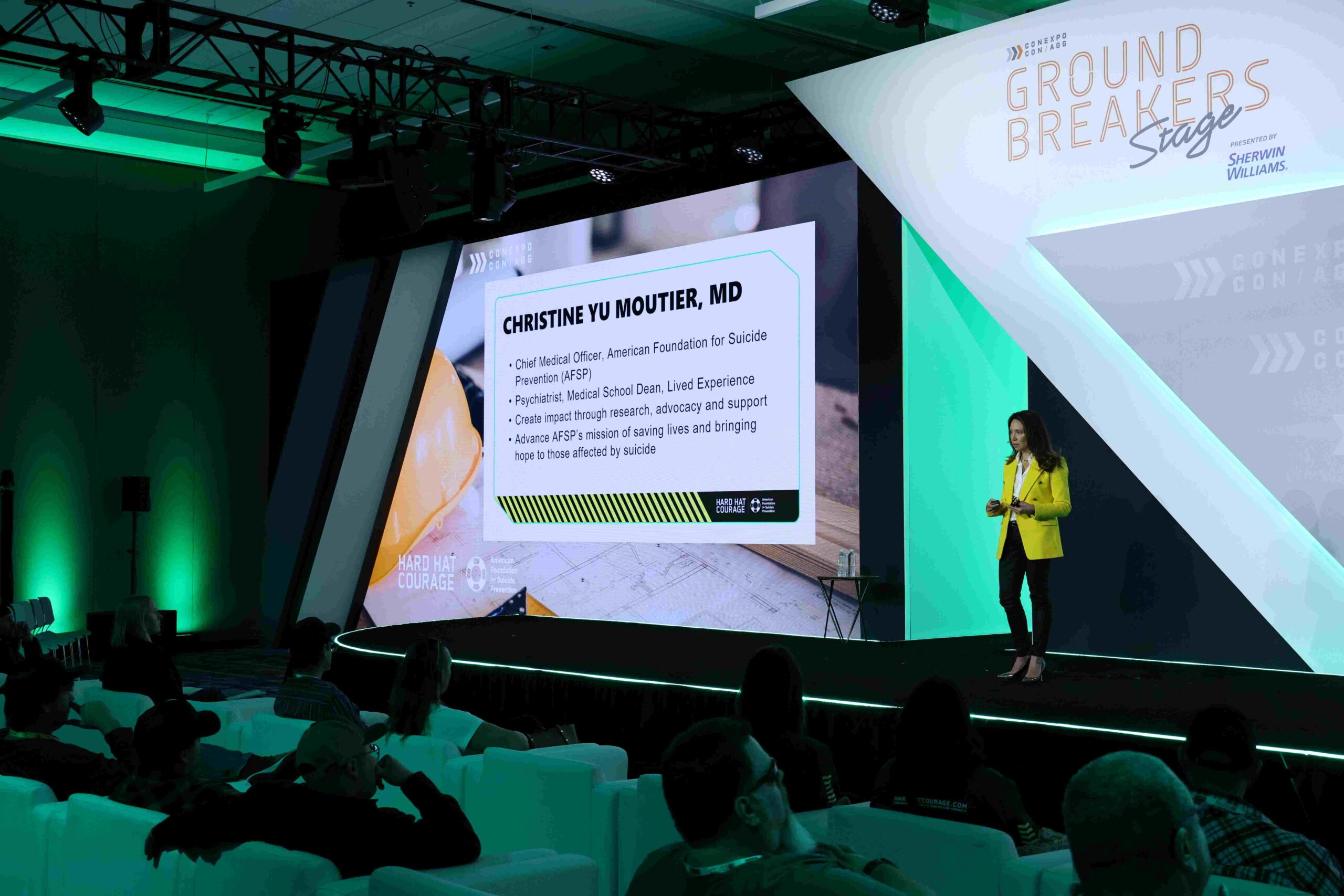 Christine Yu Moutier discussing the growing focus on mental health in construction and the importance of creating supportive workplaces.